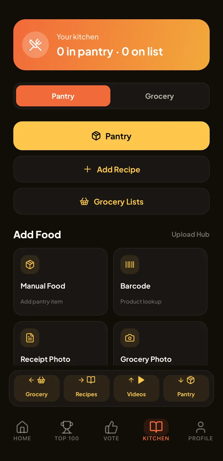 Kitchen tab. A header reads Your kitchen, 0 in pantry, 0 on list, above Pantry and Grocery tabs, an Add Recipe button, and Grocery Lists. An Add Food section offers Manual Food, Barcode, Receipt Photo, and Grocery Photo, with shortcuts to Grocery, Recipes, Videos, and Pantry.