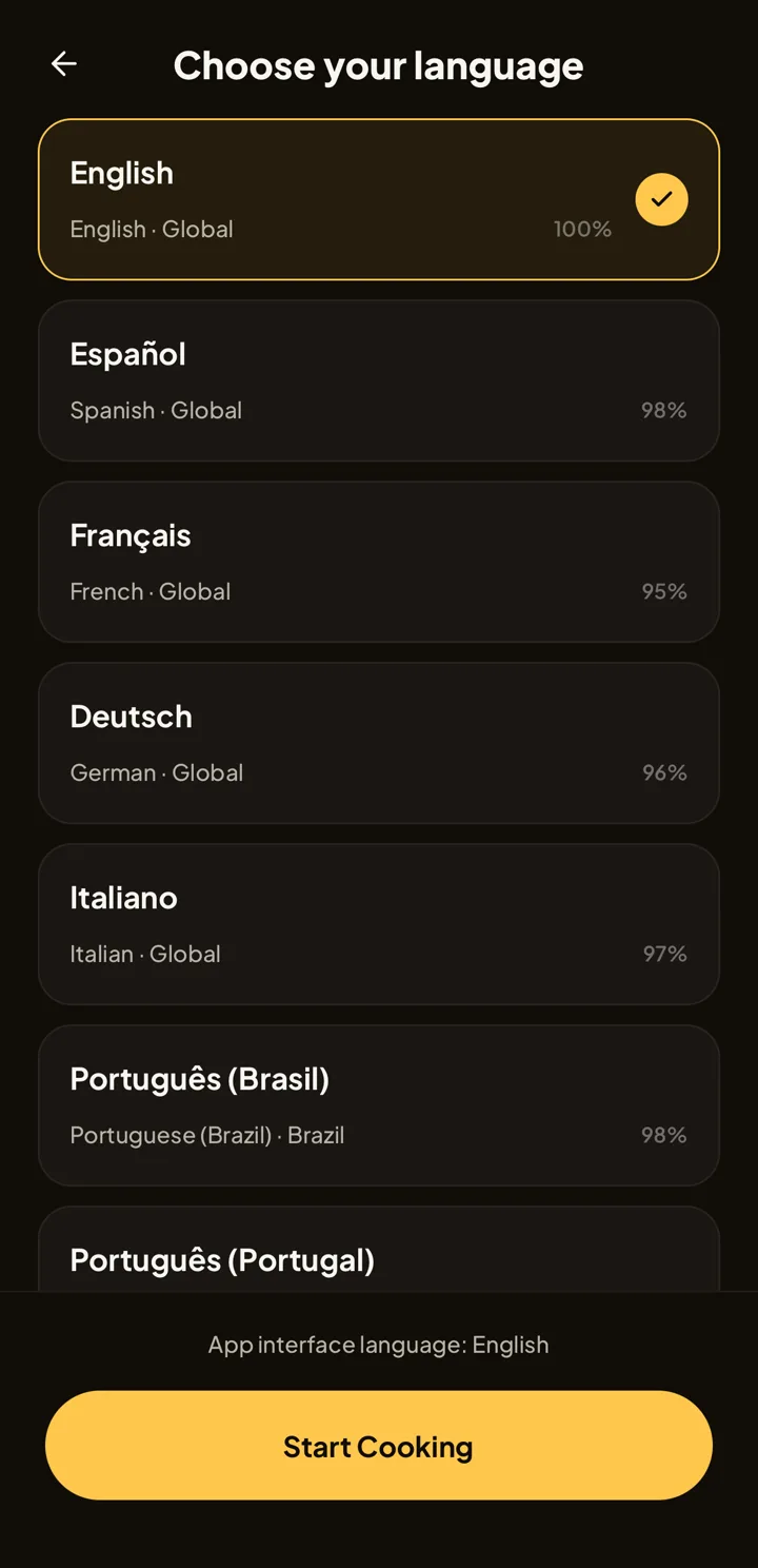 Choose your language list with English selected, followed by Español, Français, Deutsch, Italiano, Português (Brasil), and Português (Portugal), each showing its English name, region, and translation coverage percentage. A note reads App interface language: English, above a Start Cooking button.