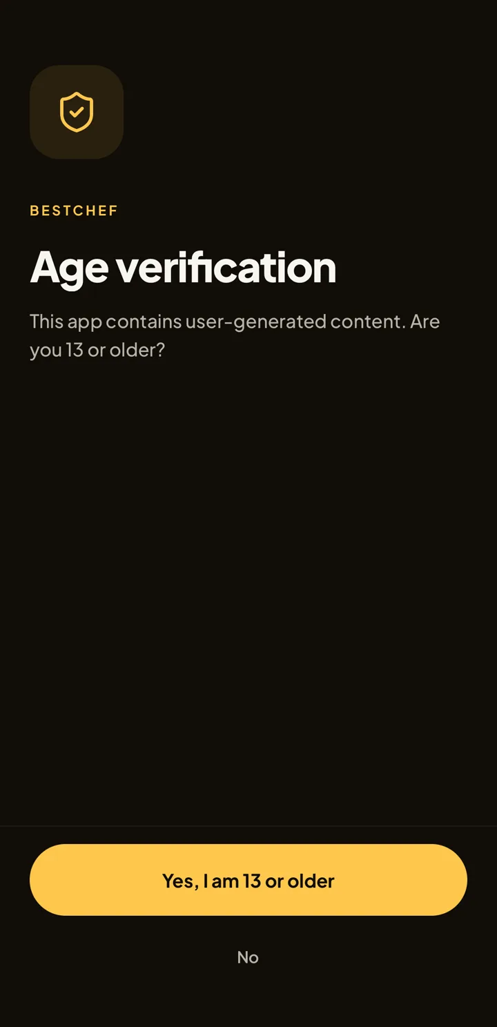Onboarding screen titled Age verification. It says the app contains user-generated content and asks whether you are 13 or older, with a button reading Yes, I am 13 or older.