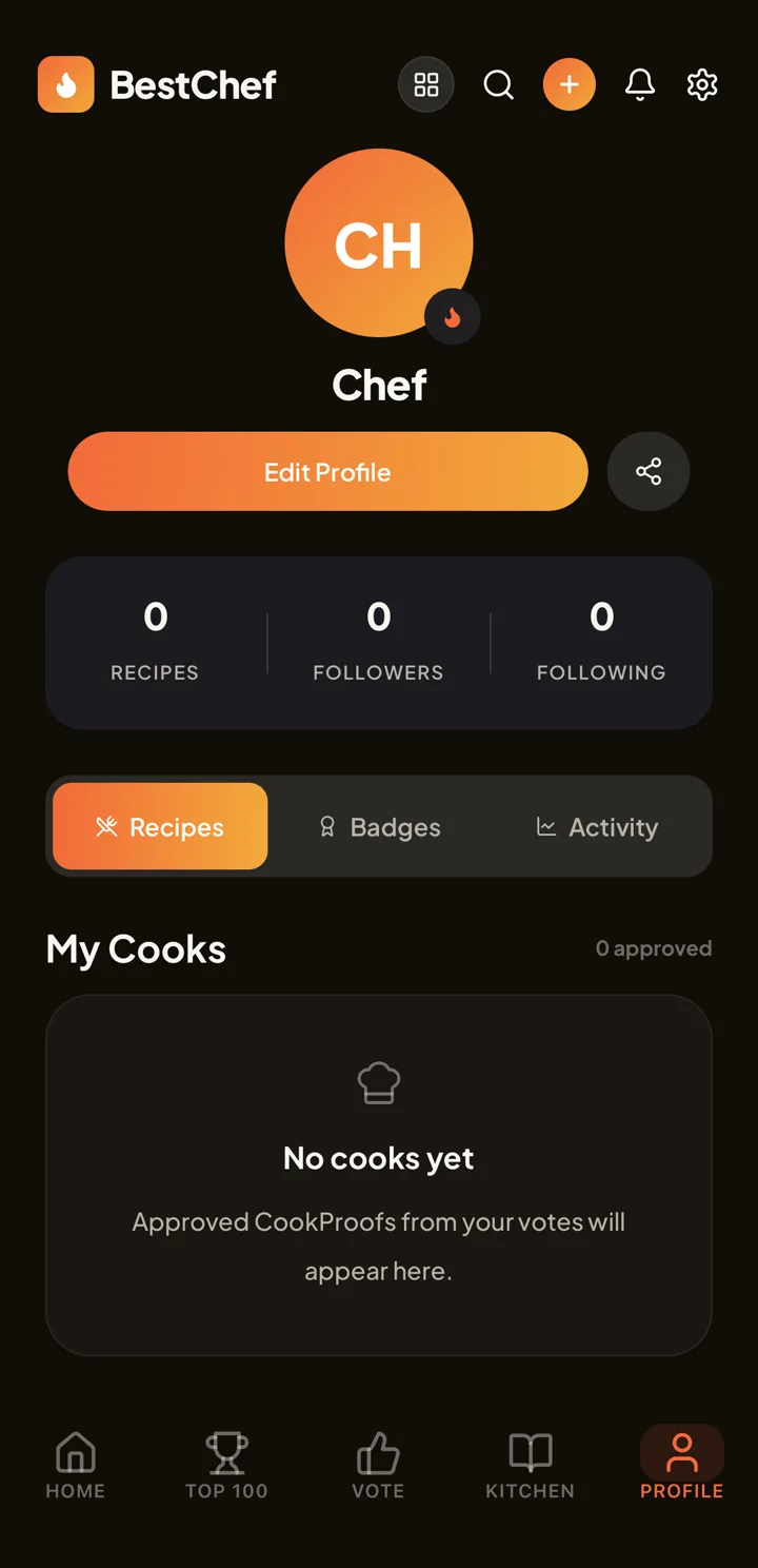 Profile tab with a round CH avatar named Chef, an Edit Profile button, a share button, counts for recipes, followers, and following, tabs for Recipes, Badges, and Activity, and a My Cooks section explaining that approved CookProofs from your votes will appear here.