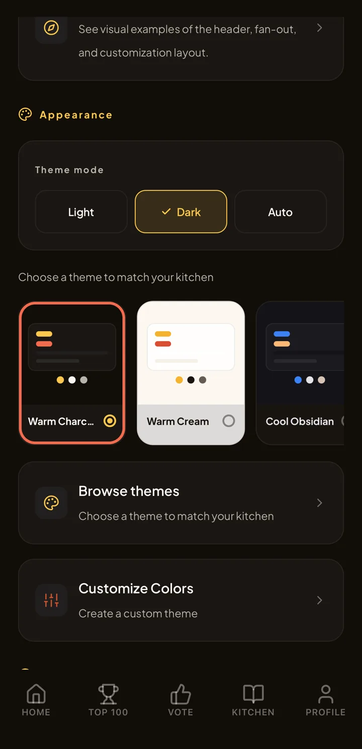 Settings, further down. An Appearance section offers Light, Dark, and Auto theme modes with Dark selected, then Choose a theme to match your kitchen with preset cards for Warm Charcoal, Warm Cream, and Cool Obsidian, followed by Browse themes and Customize Colors rows.