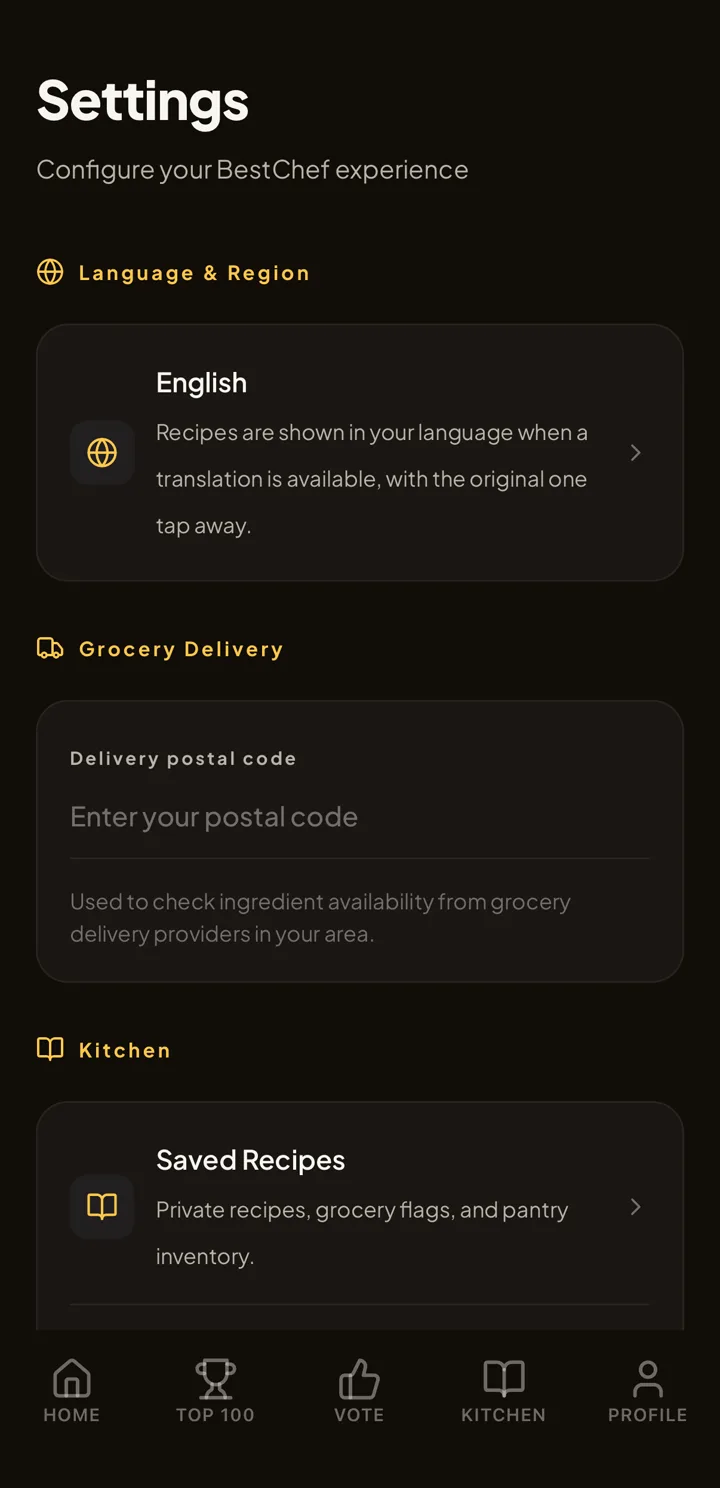 Settings screen. Language & Region shows English with a note that recipes appear in your language when a translation is available. Grocery Delivery has a postal code field used to check ingredient availability. A Kitchen section lists Saved Recipes for private recipes, grocery flags, and pantry inventory.