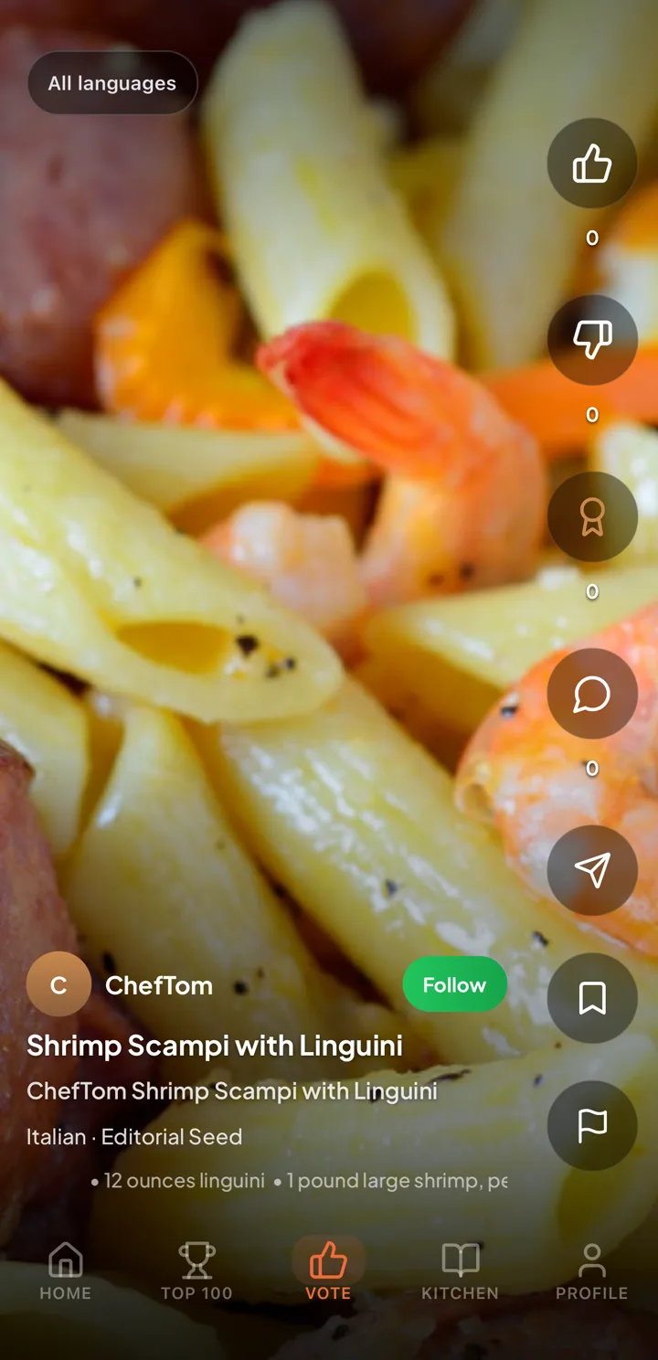 Vote tab showing a full-screen photo of Shrimp Scampi with Linguini by ChefTom, labeled Italian and Editorial Seed, with a Follow button. Along the right edge are thumbs up, thumbs down, CookProof, comment, share, save, and report buttons. An All languages filter sits at the top.